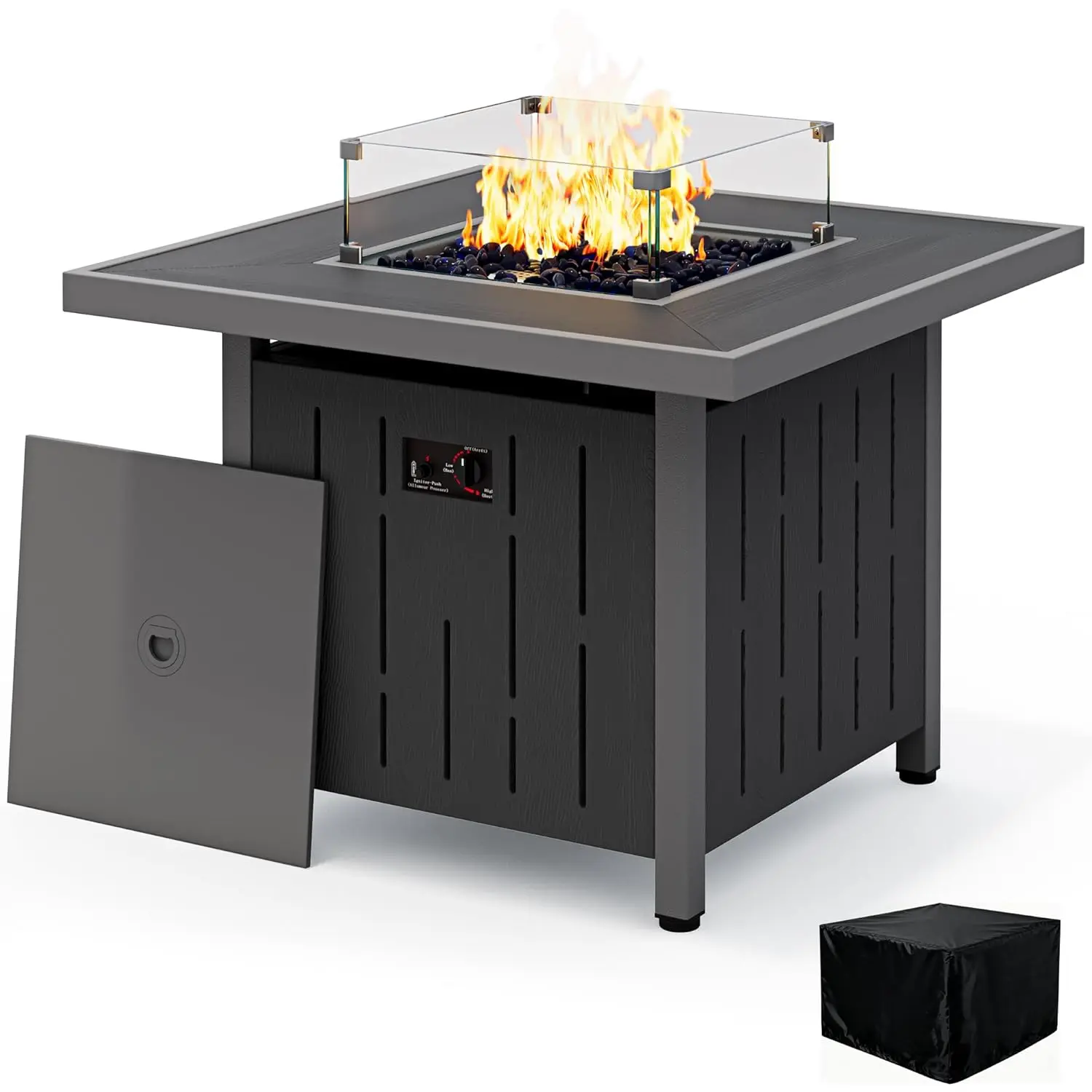 

33-дюймовый уличный стол-очаг, квадратный пропановый стол-очаг с крышкой, стеклянными камнями и стеклянным ветрозащитным экраном, на заказ