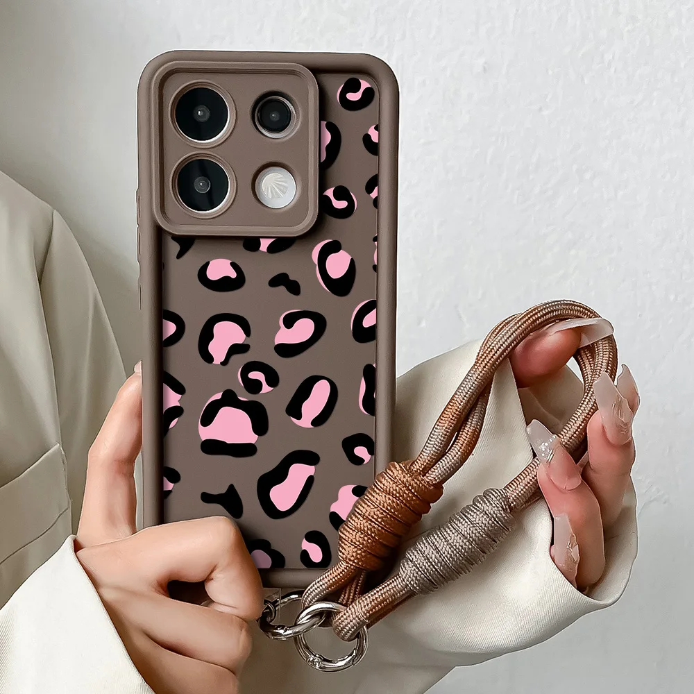 Pink Leopard Print Case For Xiaomi 14T 13T 12T 11T 15 14 12 13 Lite Poco X7 X6 X5 X3 F5 F6 Pro Wrist Chain Lanyard Cover