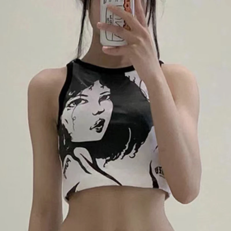 Nieuwe Vrouwen Gothic Meisje Grafische Zomer Mouwloze Retro Tank Tops Y2k Harajuku Crop Tops Esthetiek Vrouwelijke Baby Tee Emo Kleding