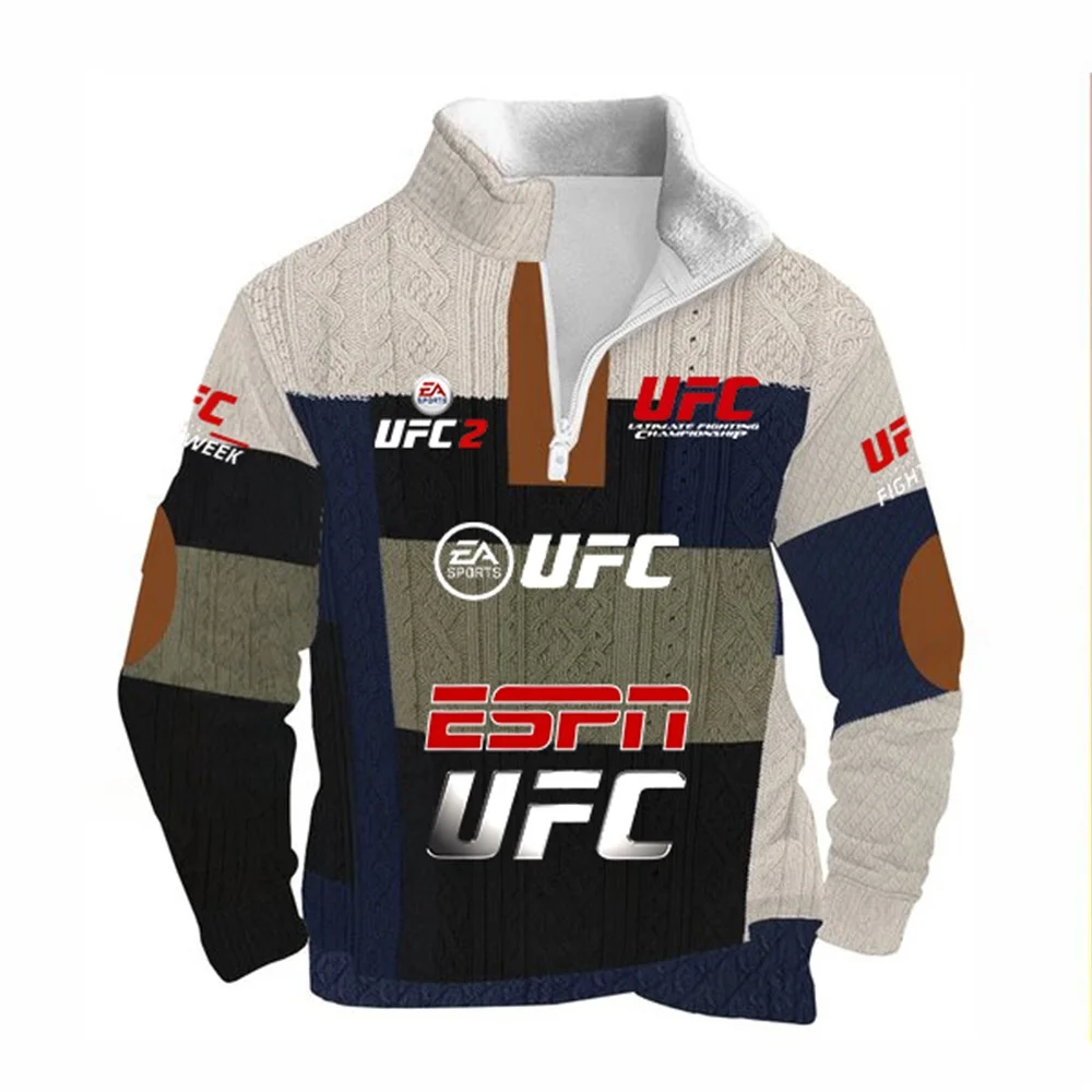 سترة بقلنسوة من الصوف UFC Stand Up cCllar للرجال للخريف والشتاء، بطانة سميكة من الصوف الدافئ، سترة علوية رياضية كاجوال بقصة ضيقة