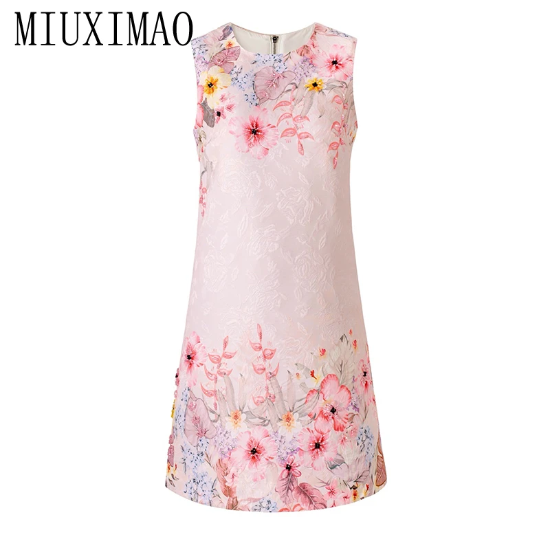 MIUXIMAO 2026 Slim Spring Summer Dress Pink Flower Leaf Print A-Line Cute  Mini Short Diamonds Dress Women's Vestido Fashion