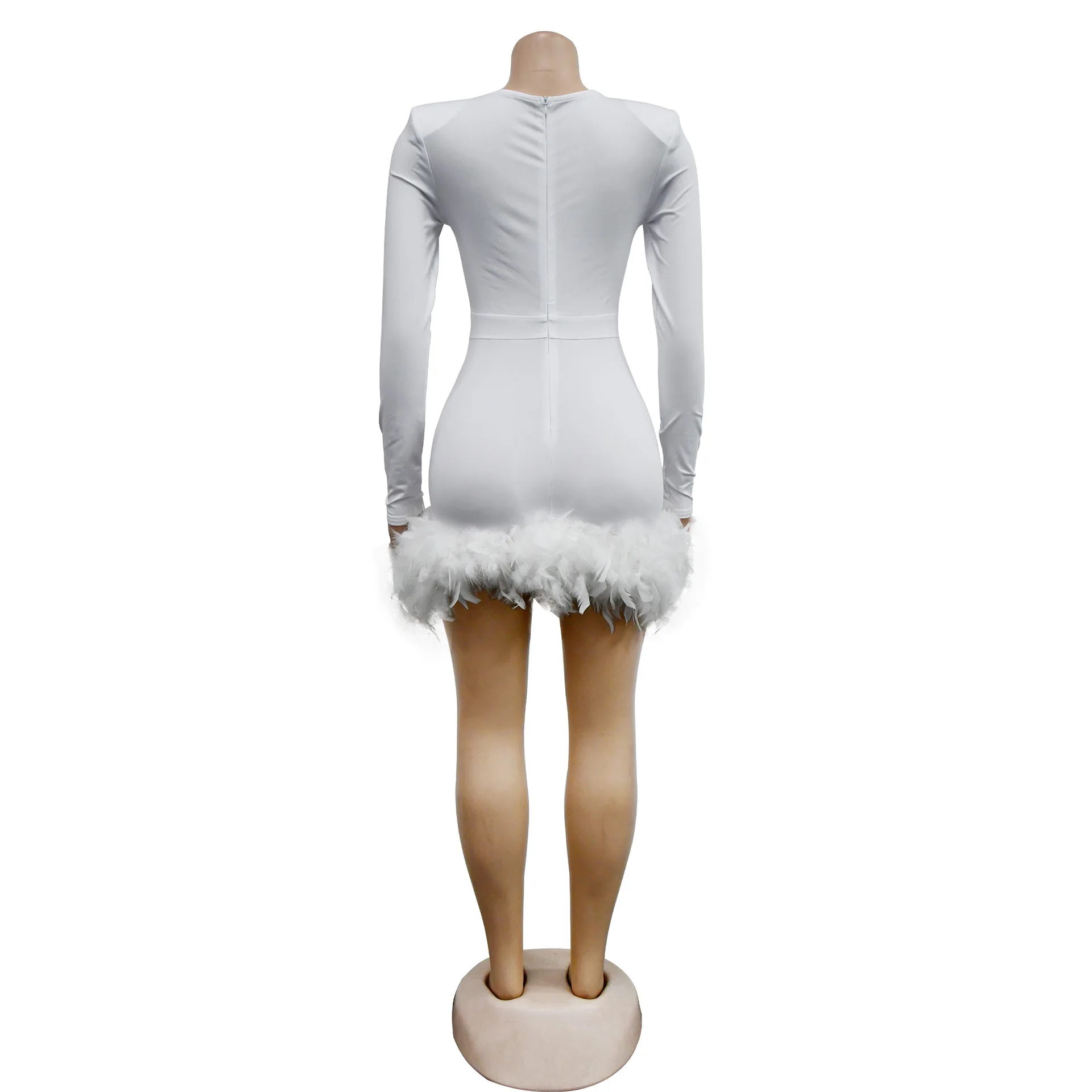 Elegant Feather Patchwork Women Jumpsuit V Neck Long Sleeve Bodycon Sexy Playsuits Autumn Women Clothes Party Club One Piece
