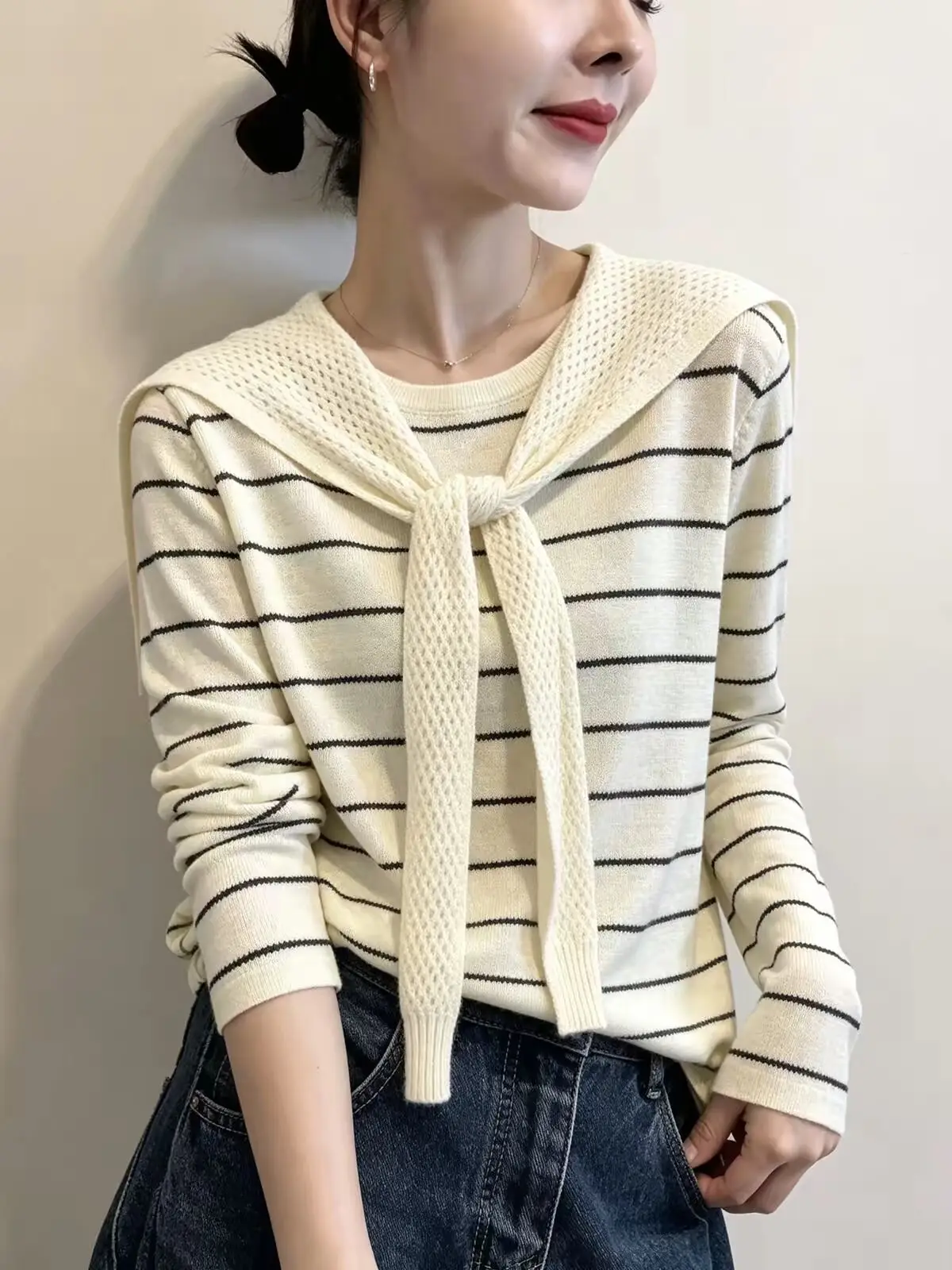 Trendy Women's Loose Knitted Shoulder Stripe Top Autumn Season  Design Base Layer Shirt Korean Style Inner Wear Shirt