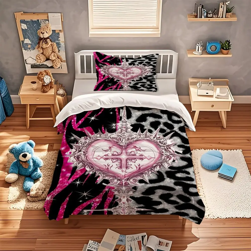 Gothic Heart Cross Duvet Cover Set Pink Leopard Print Bedding Set Digital Printed Soft Microfiber Quilt Cover Bedroom
