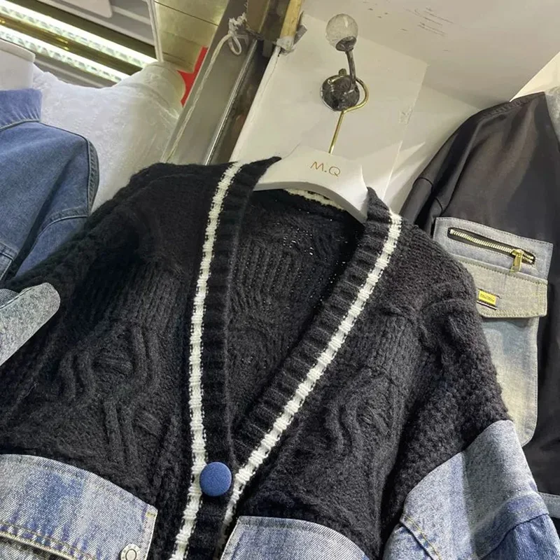 Contrast Denim Outerwears V-Neck Long Sleeve Ropa Mujer 2026 Loose Woman Cardigans Autumn Winter Double Pocket Sweater
