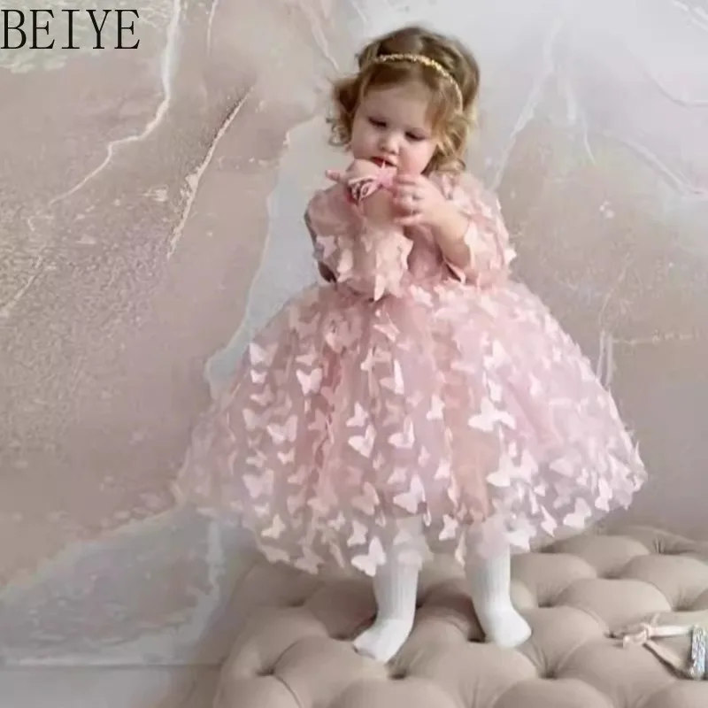 Children's Bubble Sleeve Sweet Dress Three Dimensional Butterfly Design Fluffy Princess Dress Backless Performance Clothes