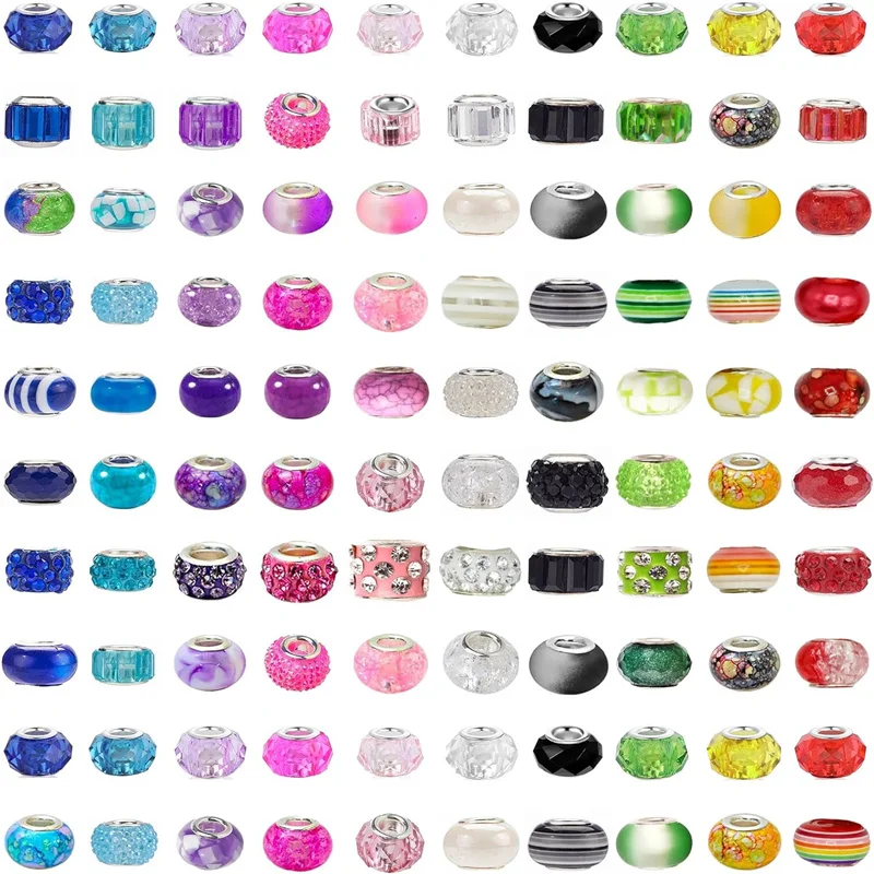 10Pcs 14x8mm Round Murano European Large Hole Beads with Silver Cores for DIY Charms Bracelet Pens Jewelry Garden Stakes Craft