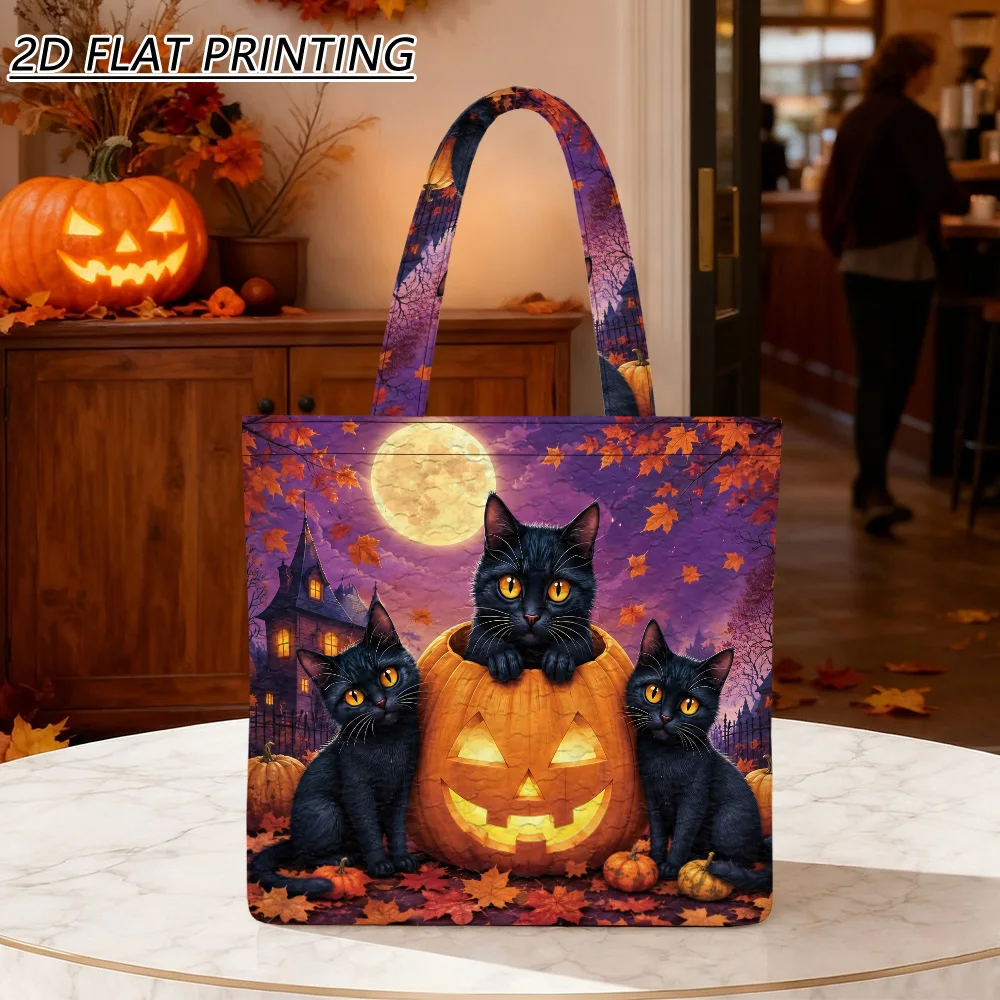 1pc Three cats pumpkin night Quilted Women'S Shoulder Bag, Practical Durable Handbag For Teacher Gifts, Daily Commute