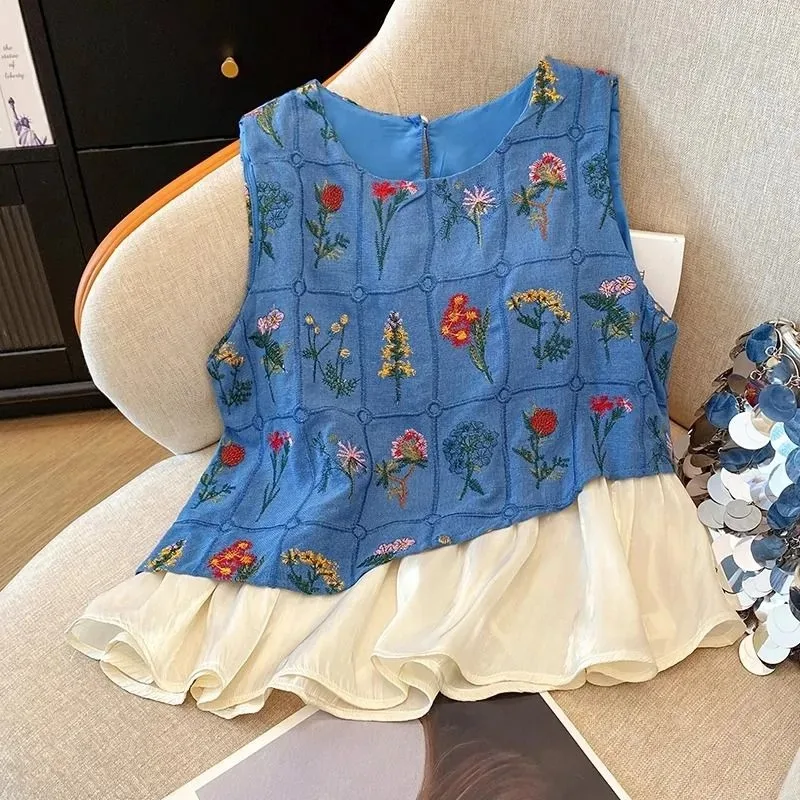 

Women's Blue Denim-Like Floral Embroidery Sleeveless Blouse Ruffle Hem Patchwork Casual TopYY30