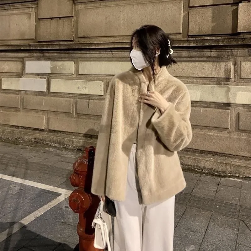 Women Light Luxury Stand-up Collar Winter New Fur One-piece Mink Fur Coat Mink Drop-shoulder Fashion Casual Style Luxury