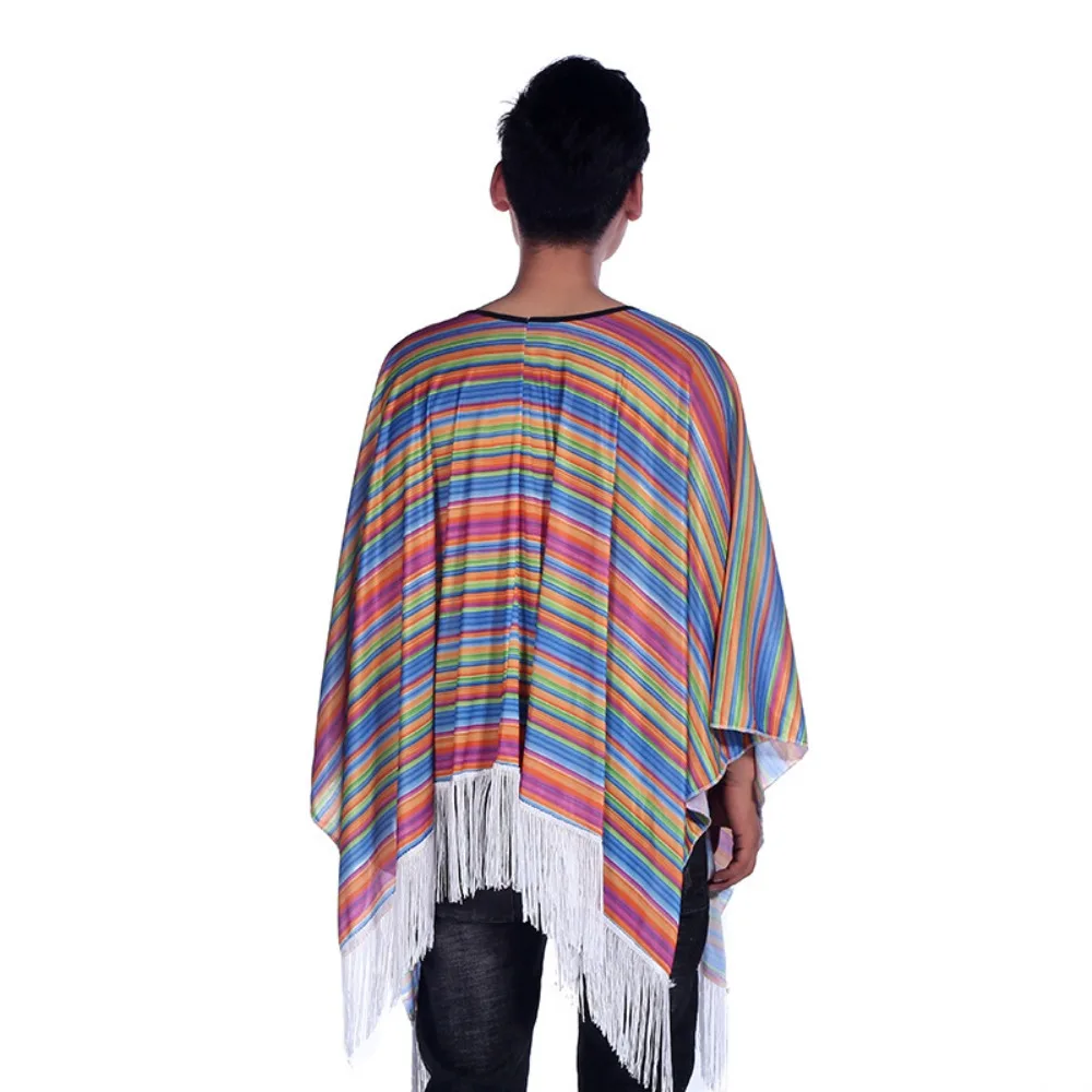 Manto étnico mexicano traje halloween arco-íris listra estilo mexicano capa capa folk cosplay poncho mexicano festa de férias