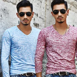 Casual Men's Long Sleeves Muscle V Neck Slim T-Shirt Solid Color Activewear Tops Tee Undershirt T Shirt Man Clothing