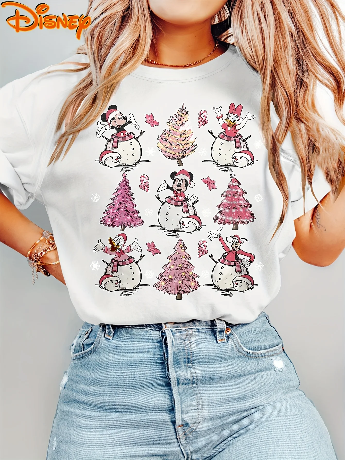 Femmes Disney Mickey Minnie Donald Duck noël bonhomme de neige chemise hommes coton t-shirt col rond décontracté surdimensionné manches courtes Streetwear