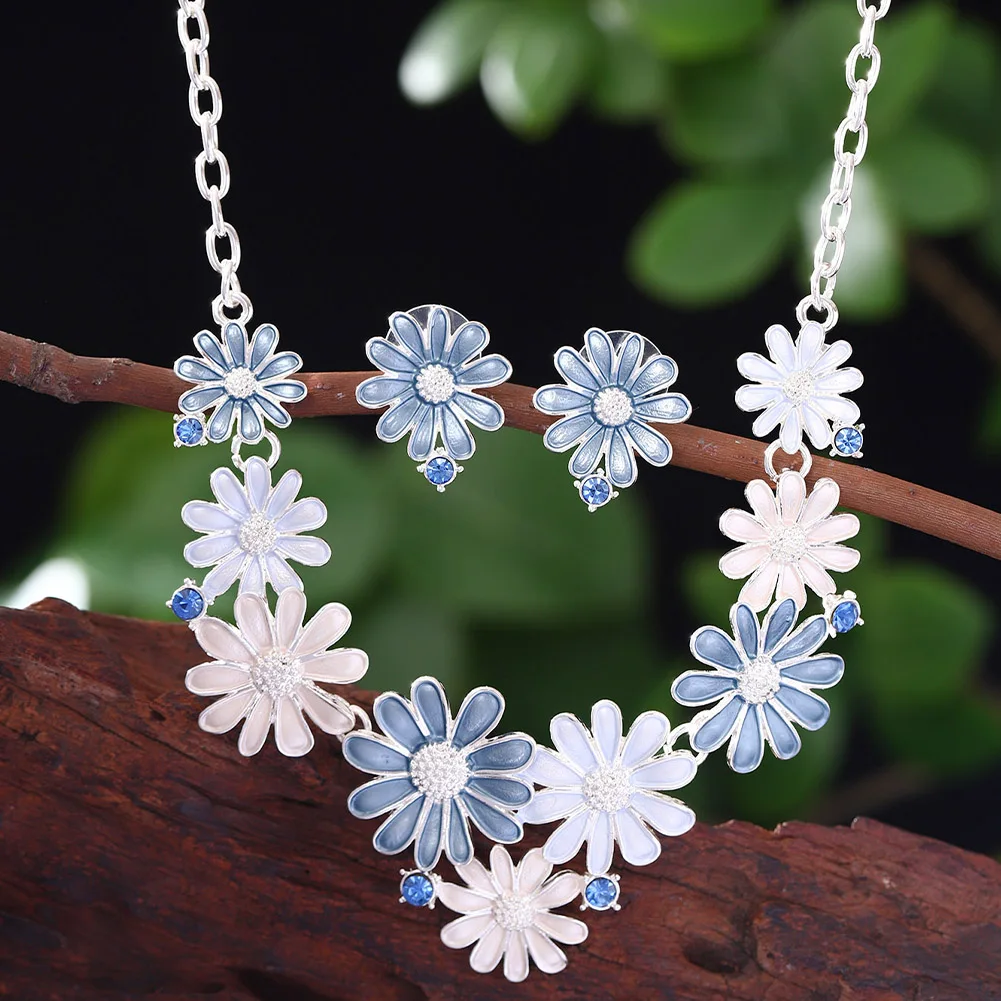 Women's Blue Enamel Geometric Necklace Set, Elegant Gift