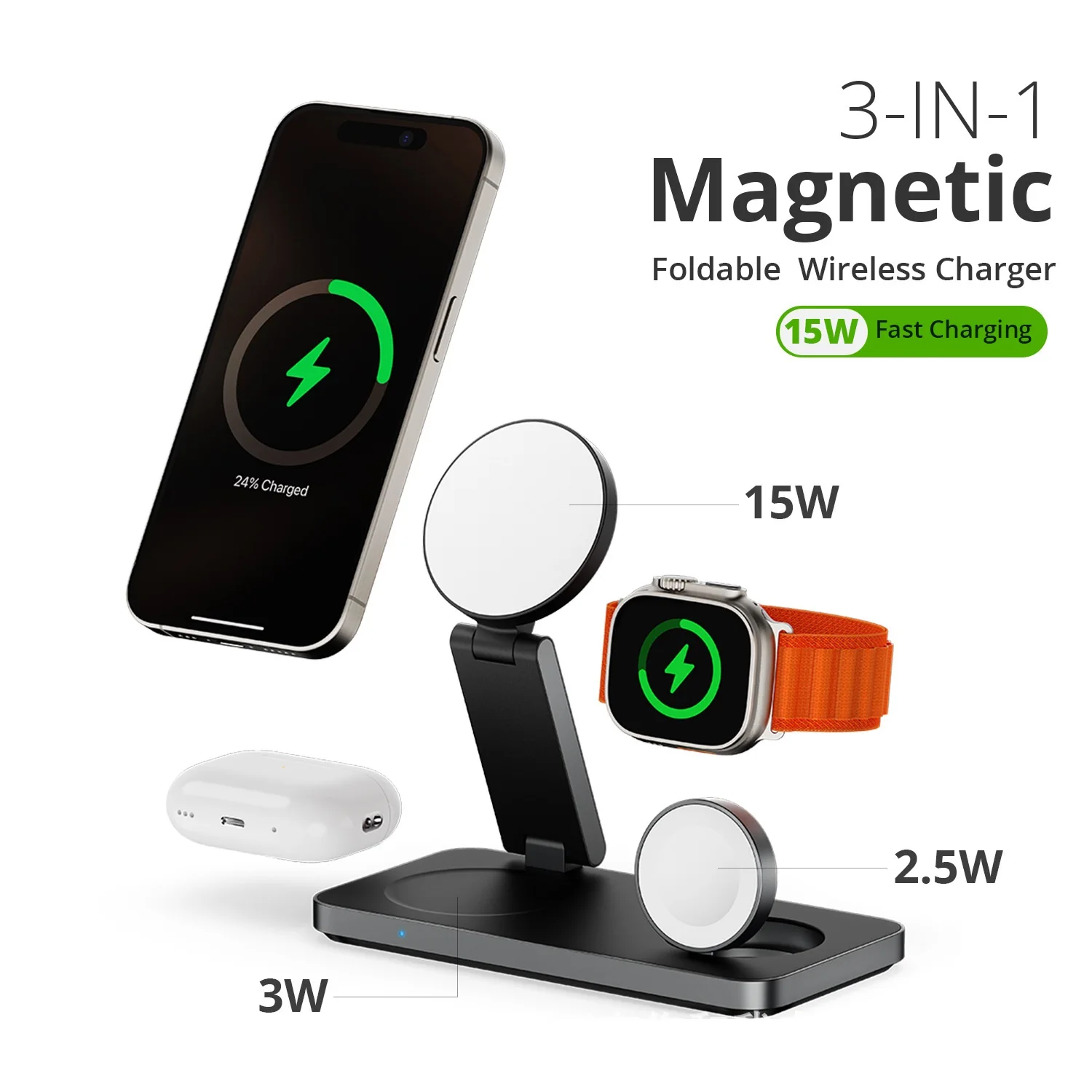 

Магнитная складная беспроводная зарядная станция 3 в 1, подставка для быстрой зарядки для iWatch iPhone 14-16 серии AirPods