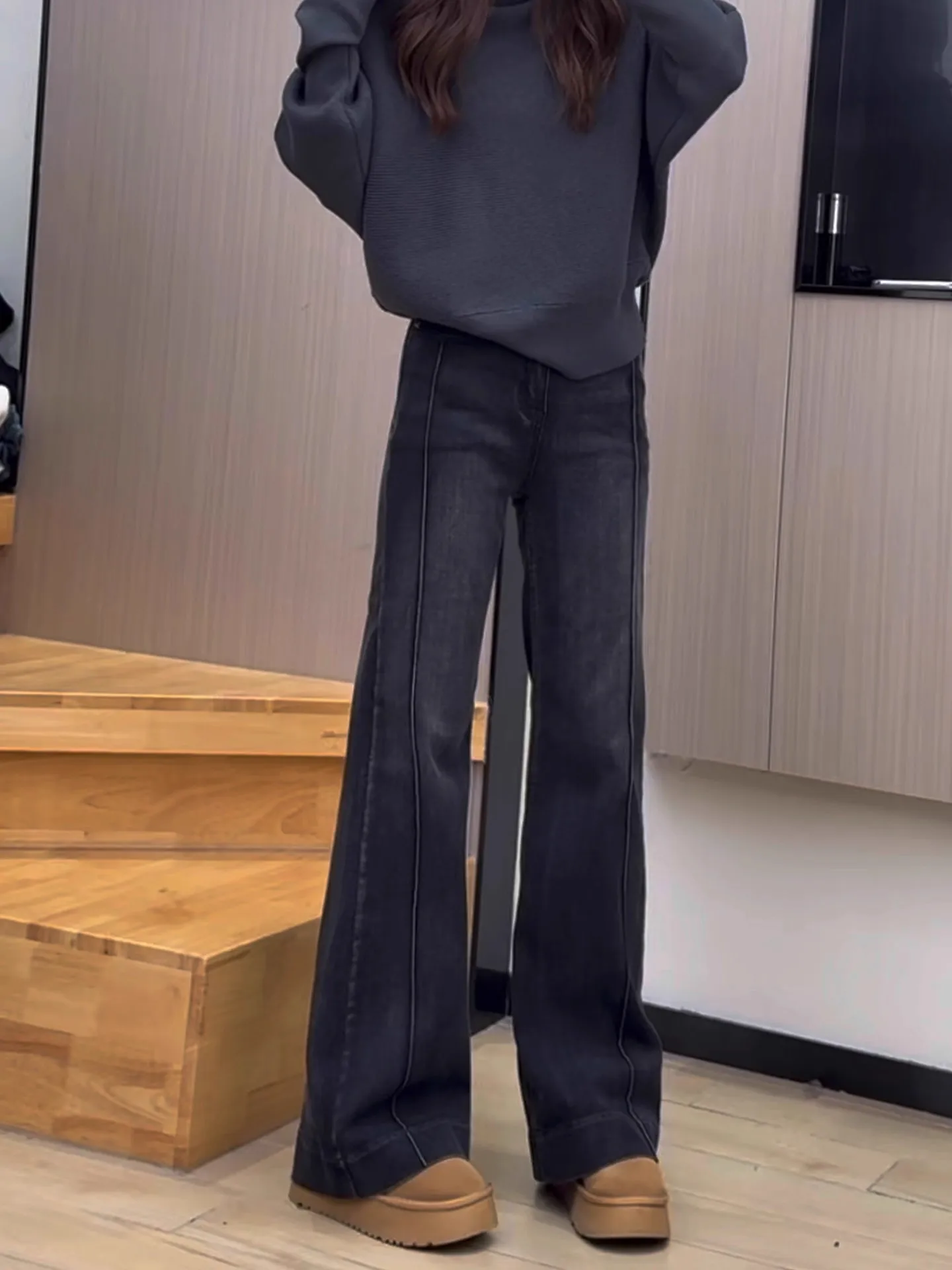 High Waist Flared Jeans Women's Fce Lined Bootcut Pants Straight Leg Casual Sle Winter New Small Size Non-Matching Leggings