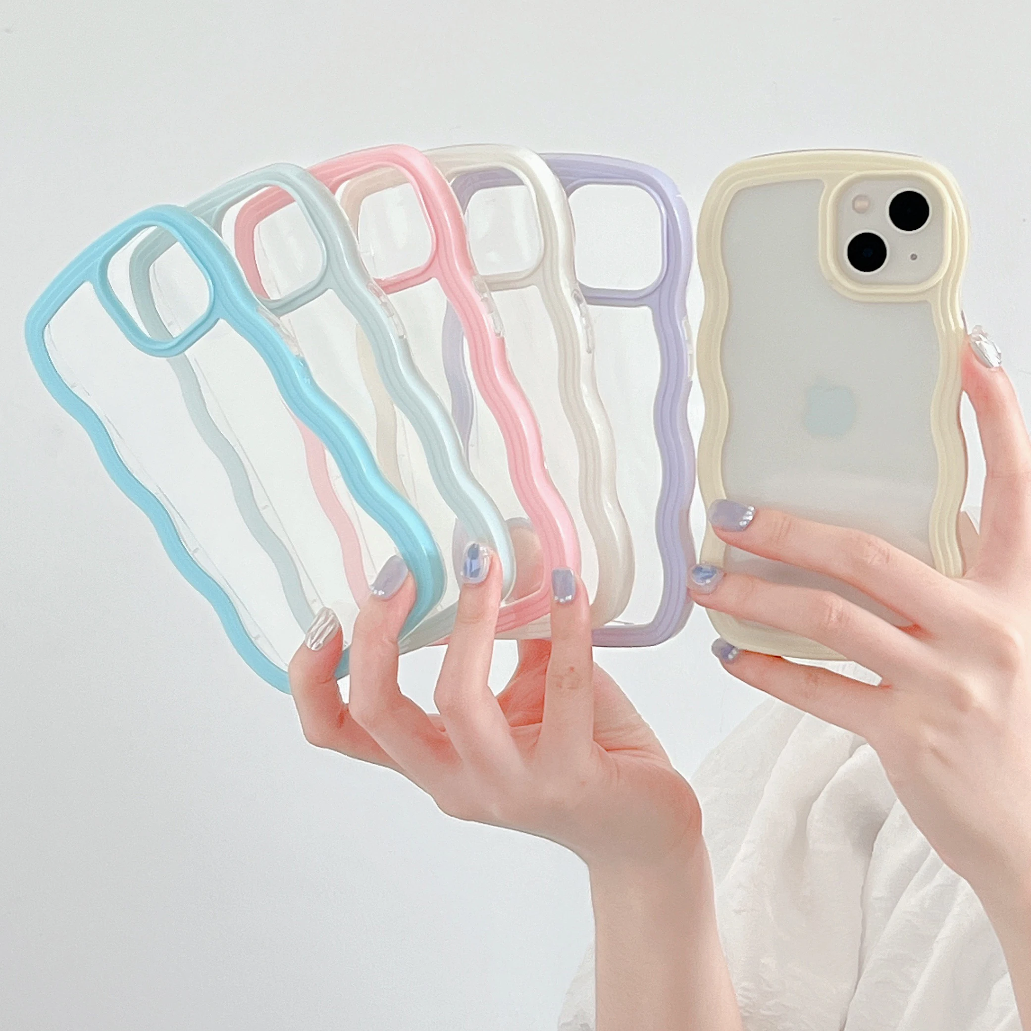 Fashion Chic Wavy Transparent Phone Case For Iphone 11 12 13 14 15 Pro Max X XR XS Shockproof Bumper Pink Blue Purple Cover