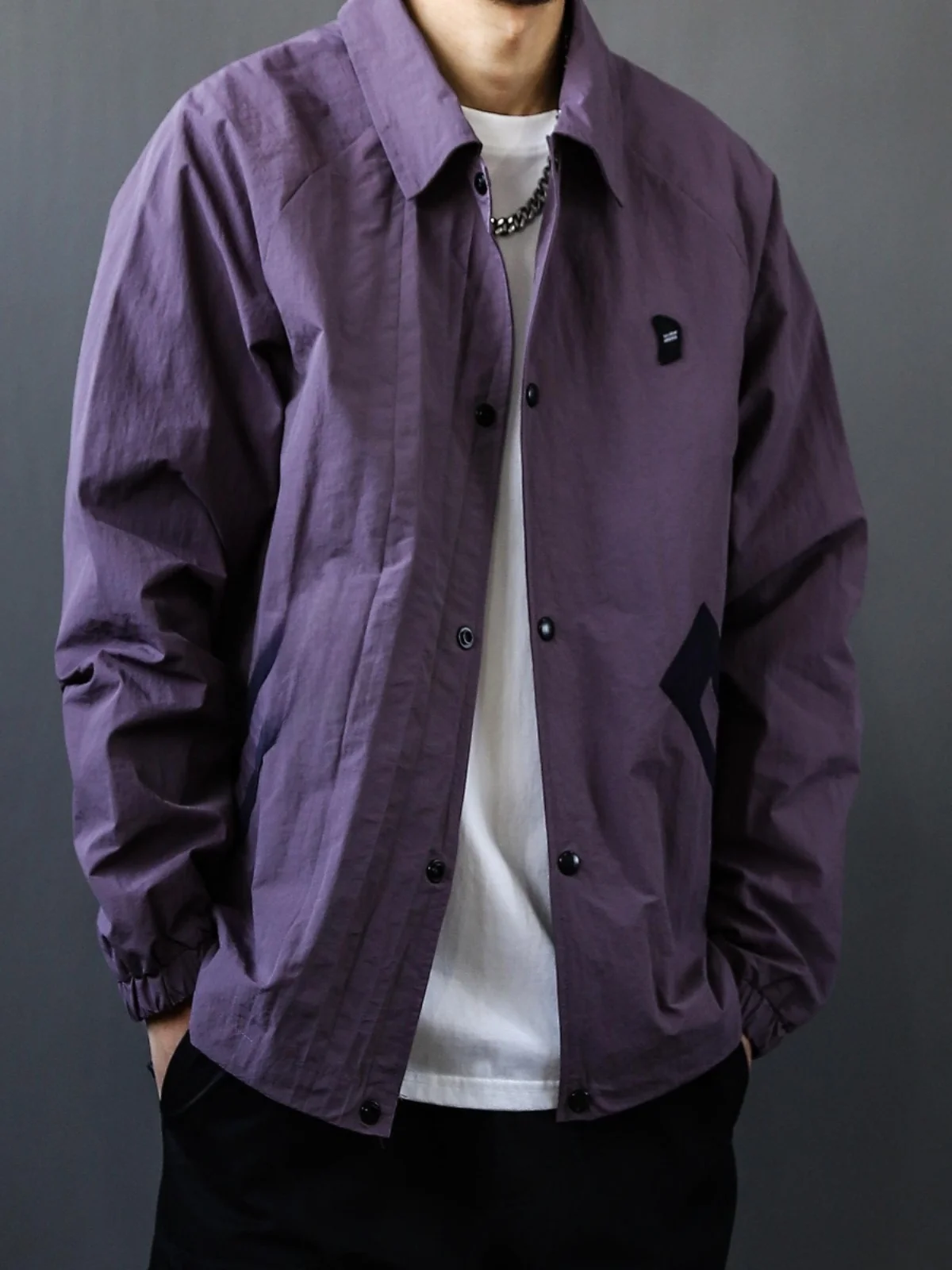 

Retro American Purple Splice Color Blo oulder down Jaet Men's Spring Autumn Loose Haome Turn Collar Workwear Coat