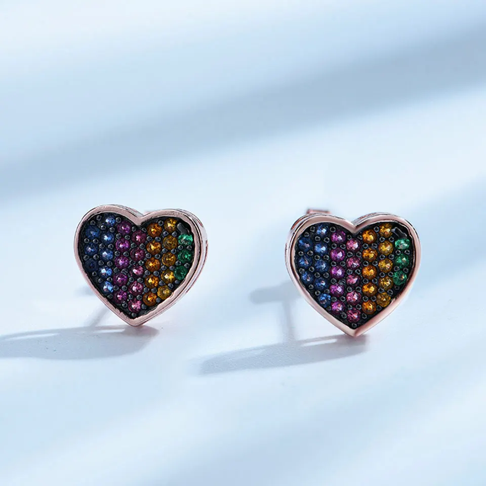 Heart Earring Colorful Stud Earrings 925 Silver Earrings for Woman Plated Rose Gold Birthday Gift