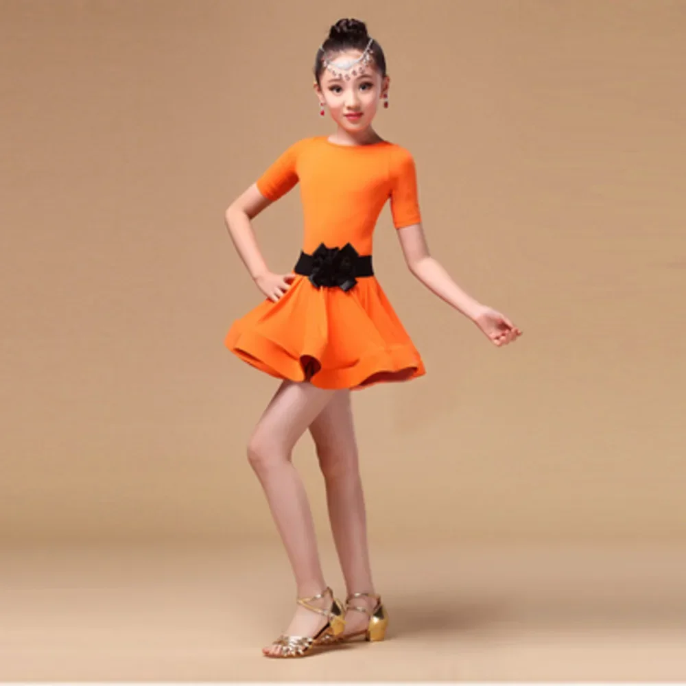 Kid bambini manica corta Costume da ballo gonna per ragazze ragazze costumi di danza latina salsa cha cha tango rumba samba spandex