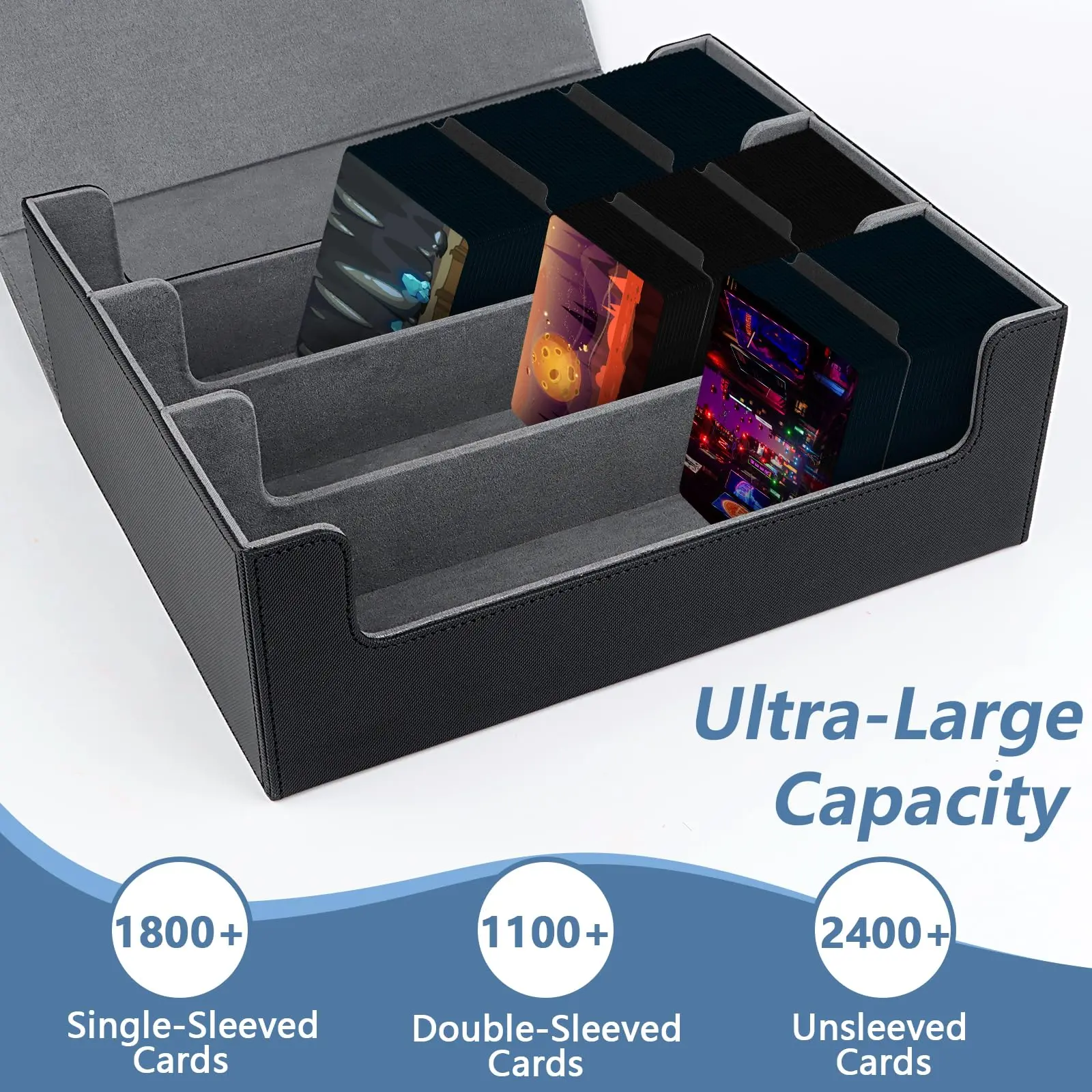 Kabinka Card Box Deck Box for MTG, Trading Card Storage Boxes for 1800+ Cards, Leather Deck Case with Dividers, Deck Box for TCG Magic the Gathering Cards - Black view 2