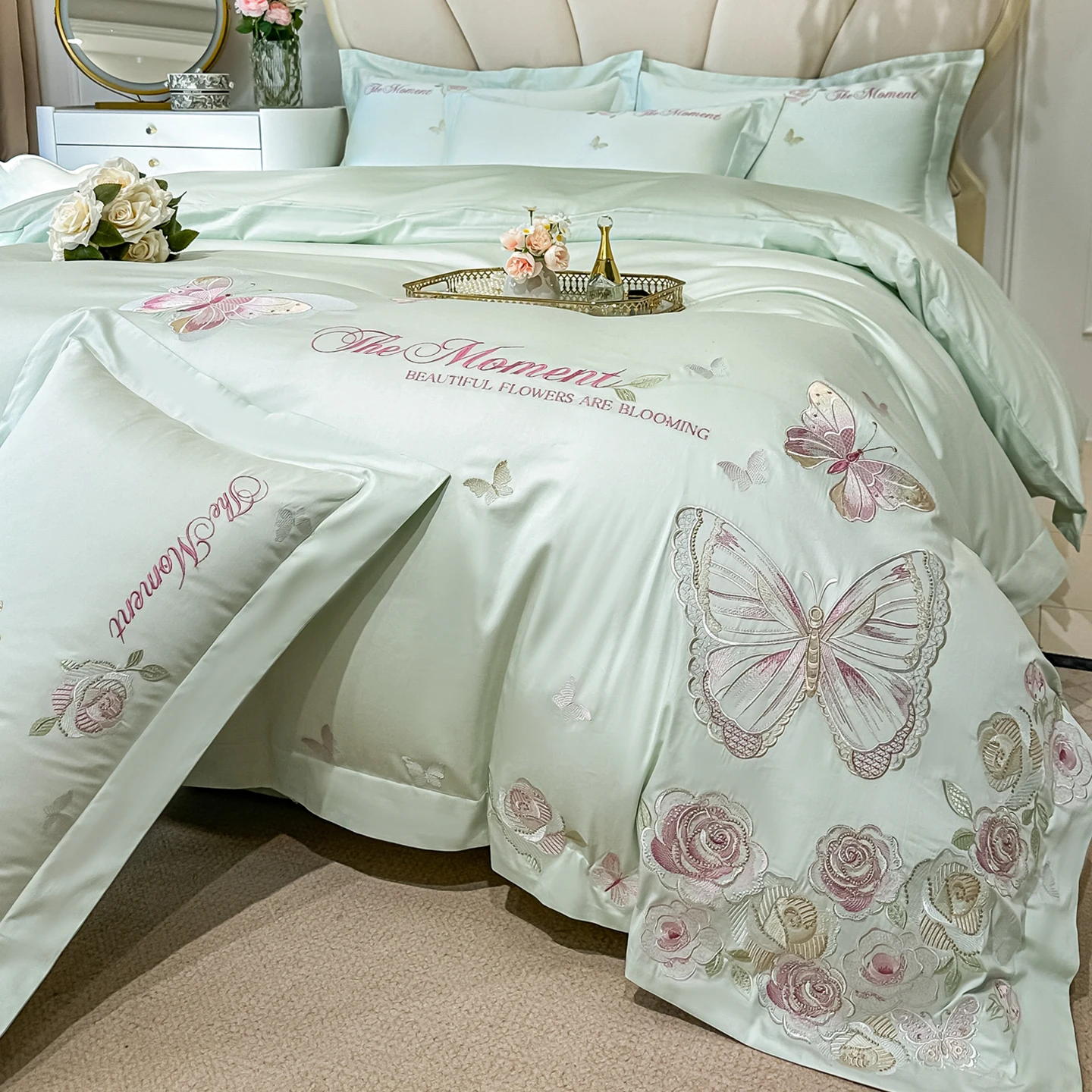 Luxury Butterfly Flower Embroidery 100% Cotton Bedding Set Duvet Cover Sets Fitted Bed Sheet Pillowcases Home Textile