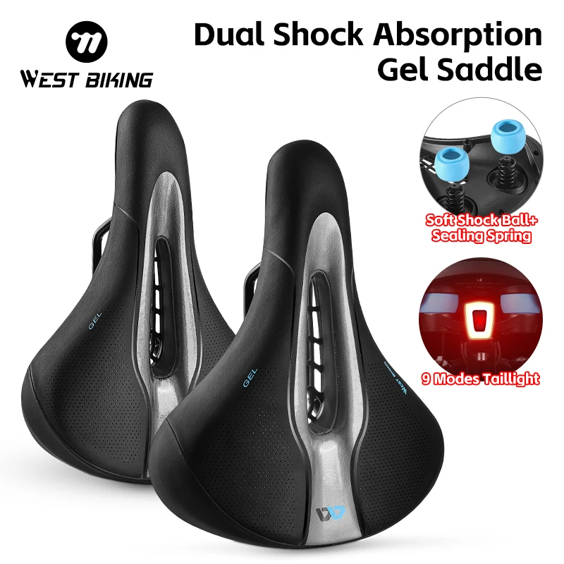 

WEST BIKING Gel Comfortable Bike Saddle Soft Shock Ball Sealing Spring Saddle Dual Shock Absorber MTB Seat With LED Taillight