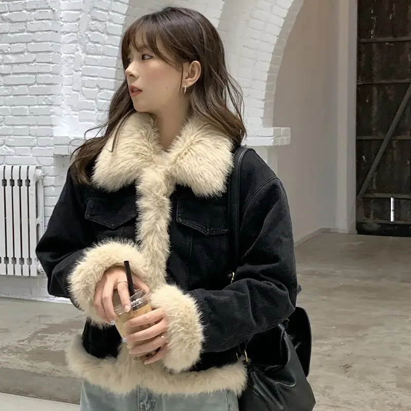 

Джинсовые пальто для женщин, длинные меховые плюшевые женские зимние свободные пальто в готическом стиле, в стиле панк, для ночного клуба, против морщин, на пуговицах, с капюшоном