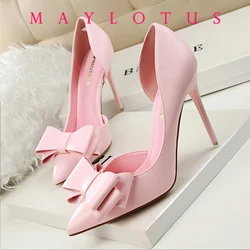 10.5cm Heel Korean Fashion Women's Shoes Wedding Bow High Heels Stiletto Heels Shallow Pointed Head Side Empty Thin Shoes