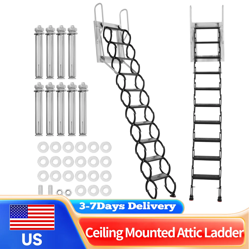 

Ceiling Mounted Attic Ladder Pull Down System Hidden Mount Attic Extension Stairs 440LBS Capacity Anti Slip Space Saving
