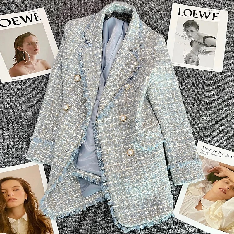 Blue Tweed Women Blazer Jacket 2022 New Office Lady Plaid Double Breasted Button Up Coat Casual Girls Streetwear