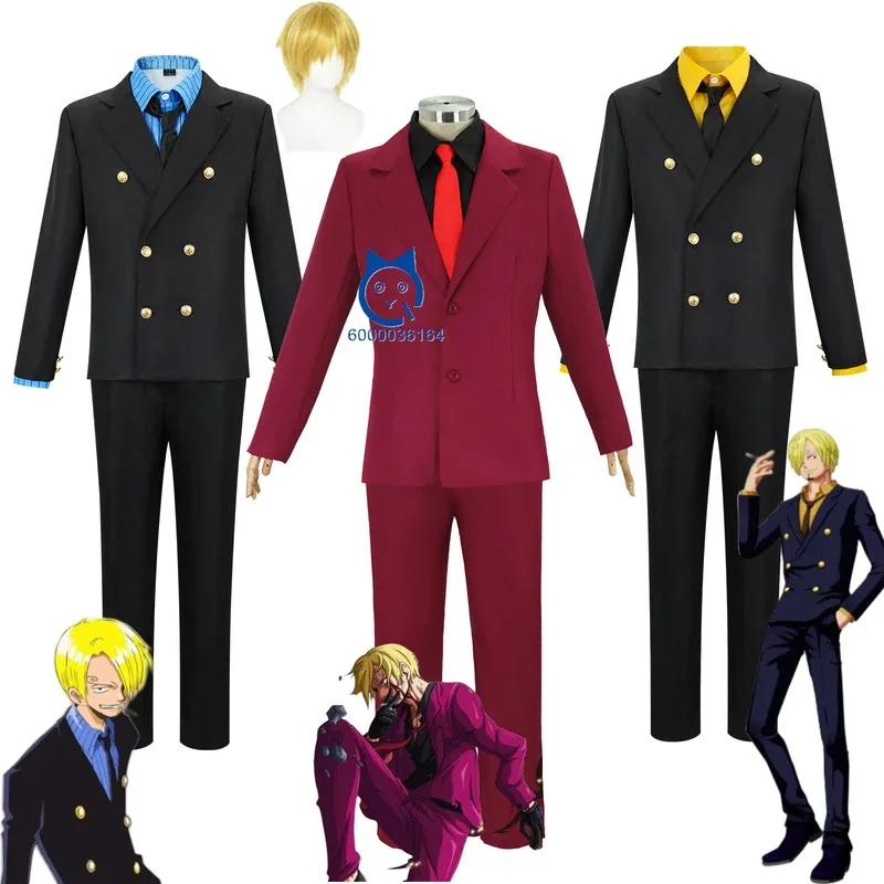 

Hot Sale Vinsmoke Sanji Cosplay Costume Anime Fashion Red Blue Yellow Suits Wig Full Set for Men Halloween Role Play Comic Con