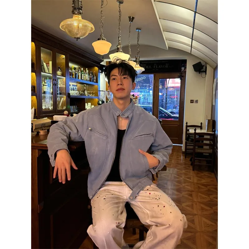 

Ice Blue Harington ort Men's Jaet Pilot Sle Retro Biker Cleanfit Loose Fit Polyester Autumn Faion Youth Trendy Windproof