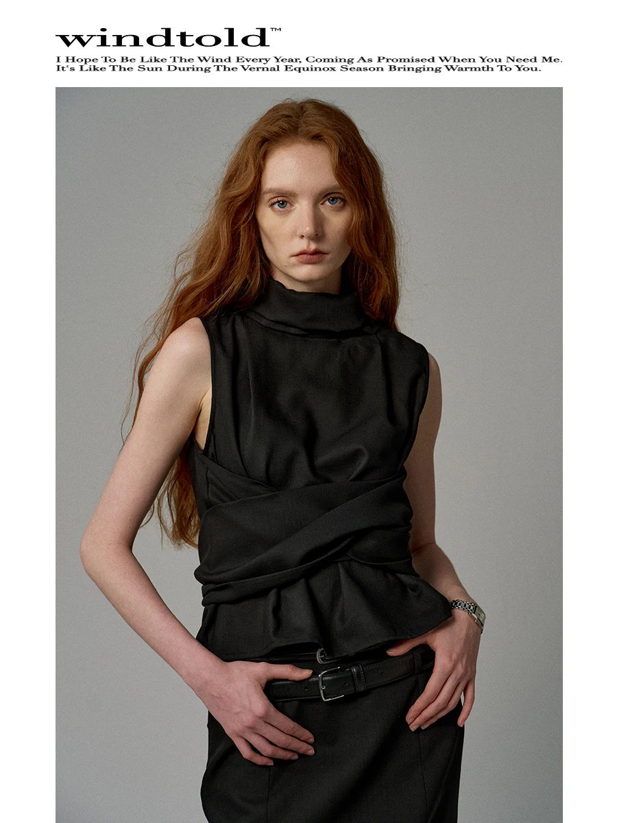 

Ele High-nce Sensation Windtold Camere Blend Wool Blend Svel High Collar Draped Top for Women