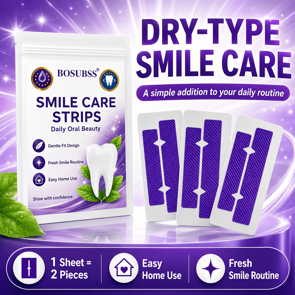 BOSUBSS 6/10 Stück Trockene Smile Care Strips, Obere & Untere Lila Strukturierte Streifen für Tägliche Mundpflege und Einfache Heimanwendung – Detail 2