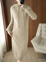 Autumn Winter Women Wool Sweater Dress Hooded Pullover Raglan Sleeve 100% Cashmere Knitwear Casual Solid Fashion Cashmere Skirts