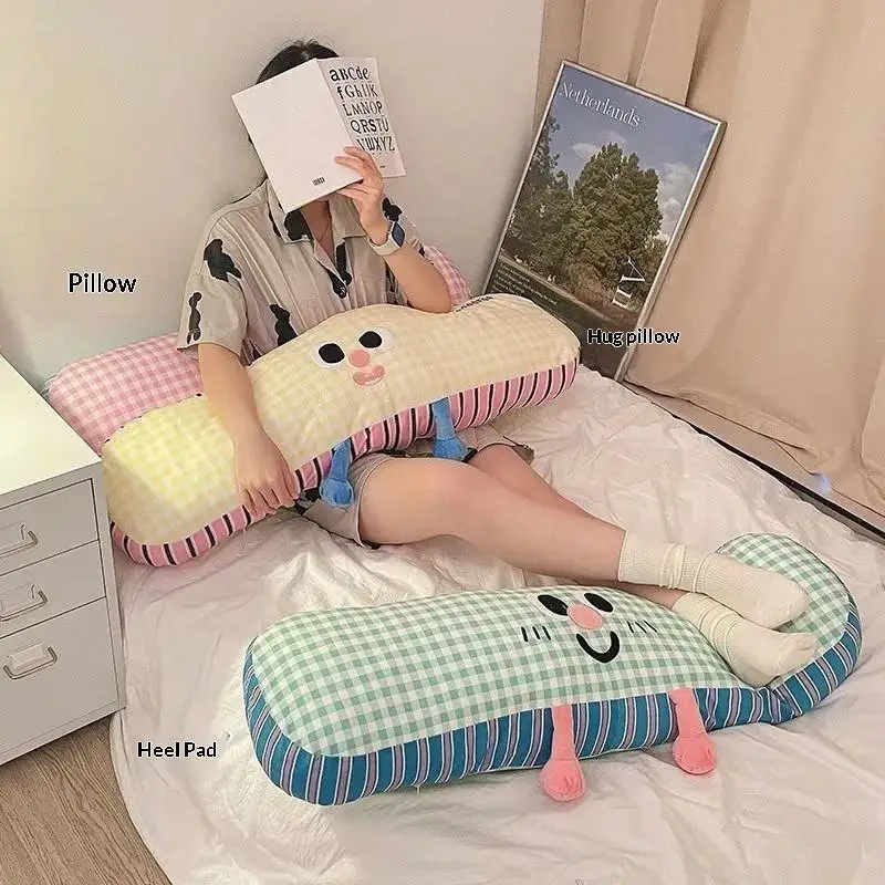 Long Grid Plush Leg Clamp Cushion Cartoon Print Soft Pillow Side Sleeper For Bedroom Bed Decor Use