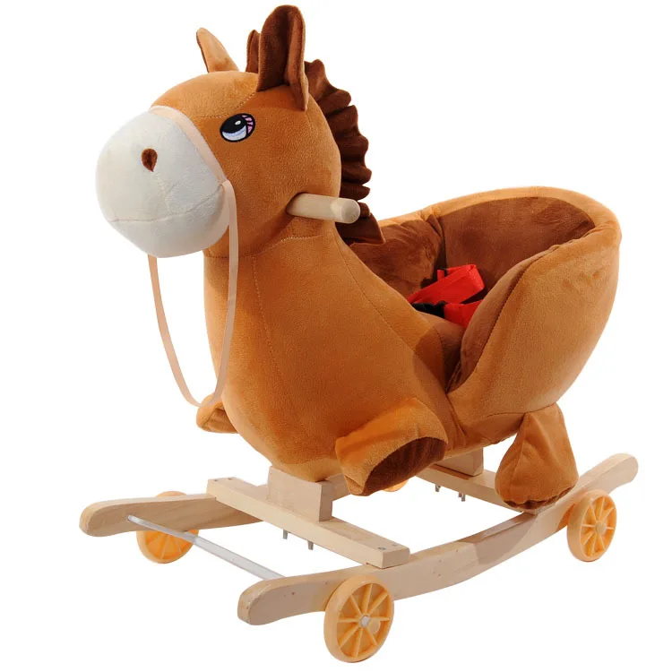 Children's plush rocking horse with music Baby rocking chair Solid wood Trojan horse Baby toy Swinging horse Skid