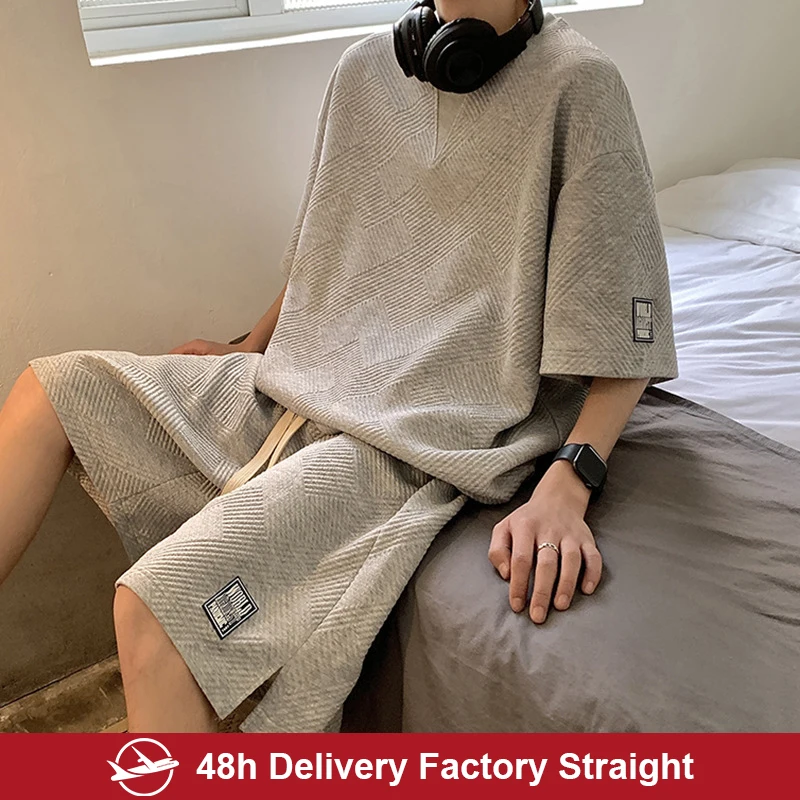 Summer Men's Tracksuit Waffle Fabric Breathable Casual T-Shirt and Shorts  Fashion Half  Sleeve Two Piece Set for Unisex