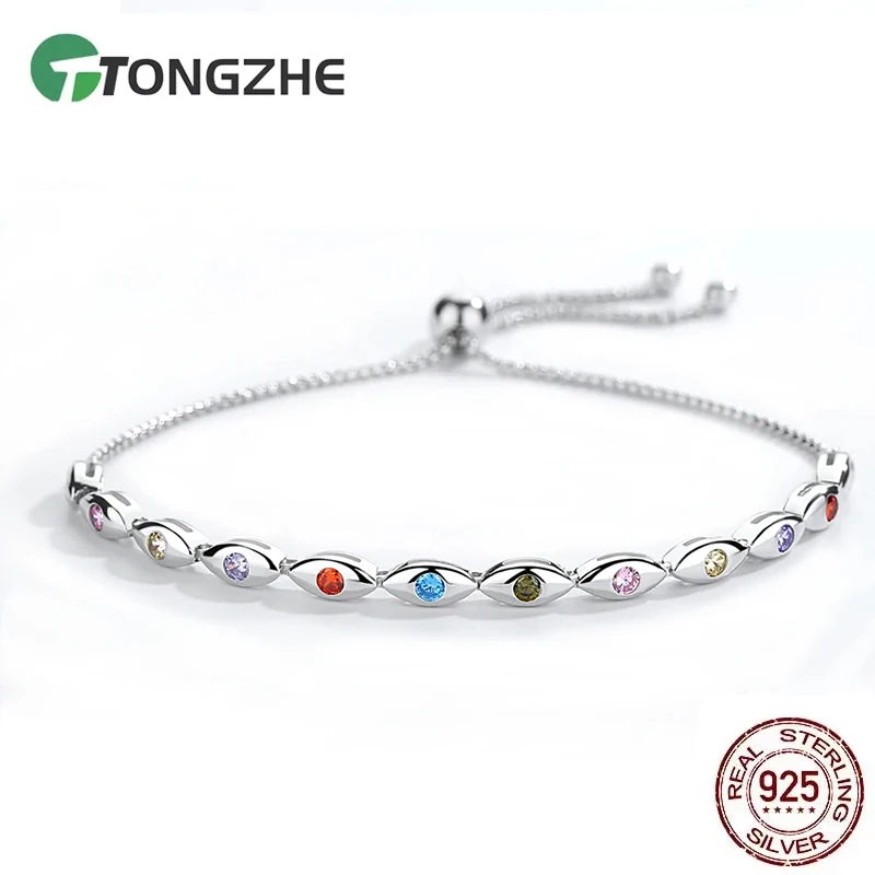 

TONGZHE Evil Eye Bracelet 925 Sterling Silver Tennis Bracelets for Women Rainbow Colorful CZ Adjustable Men Turkey Jewelry 2019