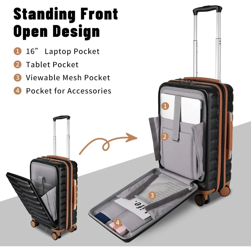 Equipaje de mano expandible 22x14x9, ruedas giratorias, carcasa dura ABS+PC, maleta pequeña de 20 pulgadas, aprobada por aerolínea, bolsillo frontal abierto