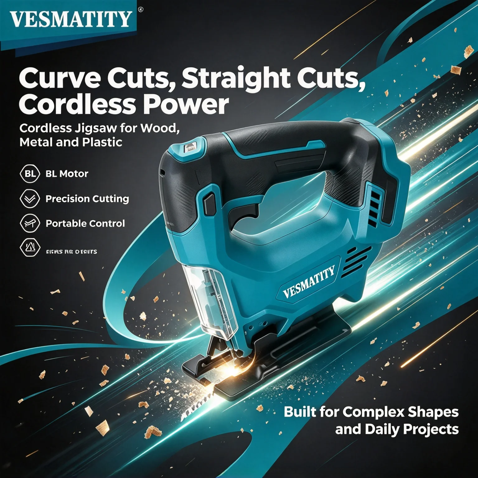 Vesmatity Cutting Portable Cordless Jig Saw 26mm Electric Curved Saw Multi-Function Woodworking Tool 18V-20V Battery Kit