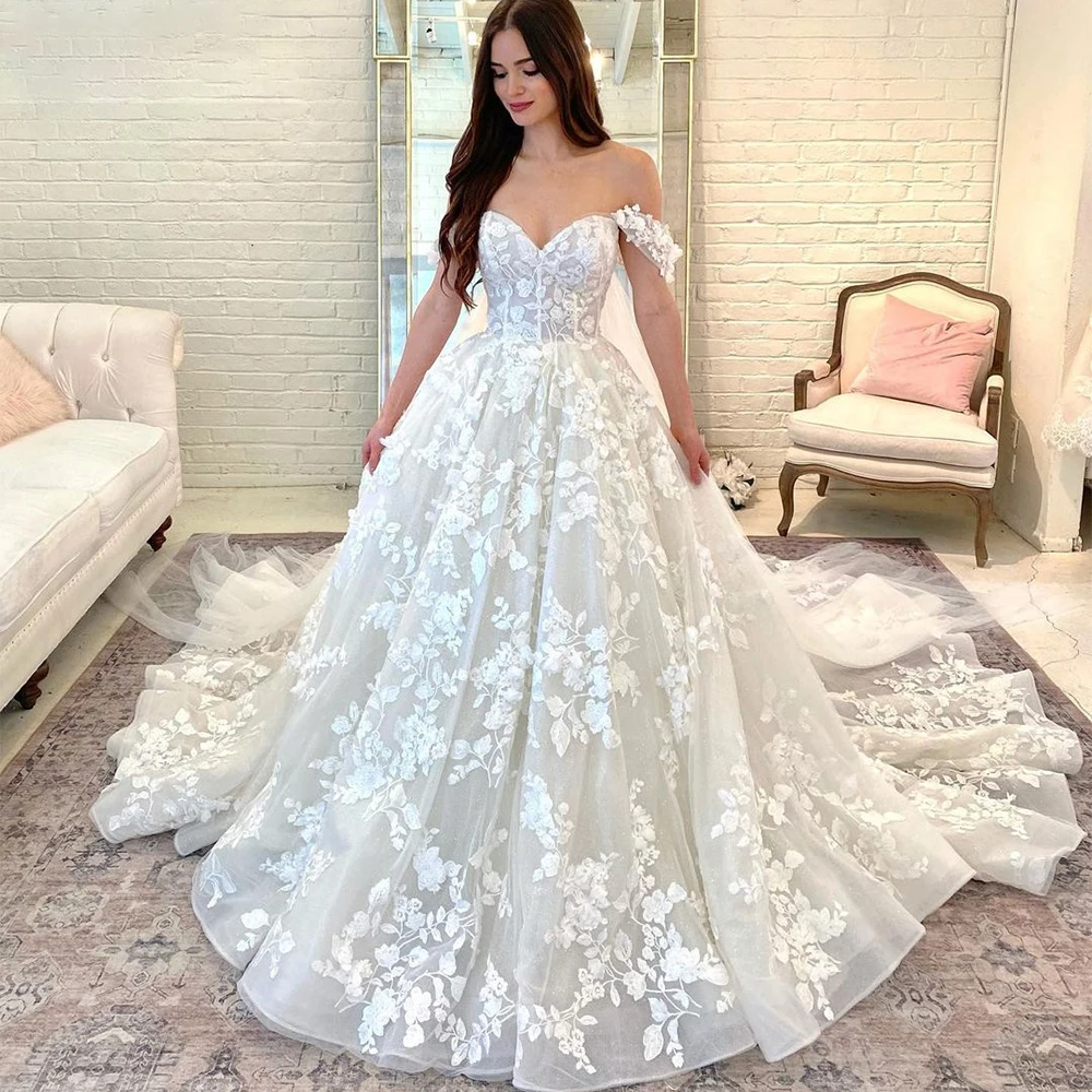 Boho Illusion Elegant Sexy One Shoulder Ladies Wedding Dress Lace Appliqué 3D Flower Sweetheart Bridal Dress Vestidos De Novia