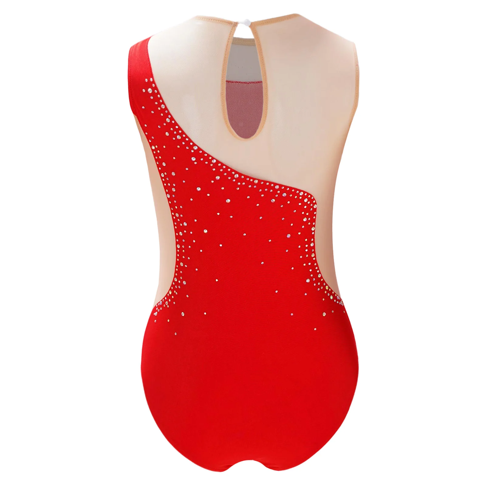 Kids Girls Figure Skating Performance Costume Shiny Rhinestone Sheer Mesh Leotard Ballet Dance Gymnastics Acrobatics Bodysuit