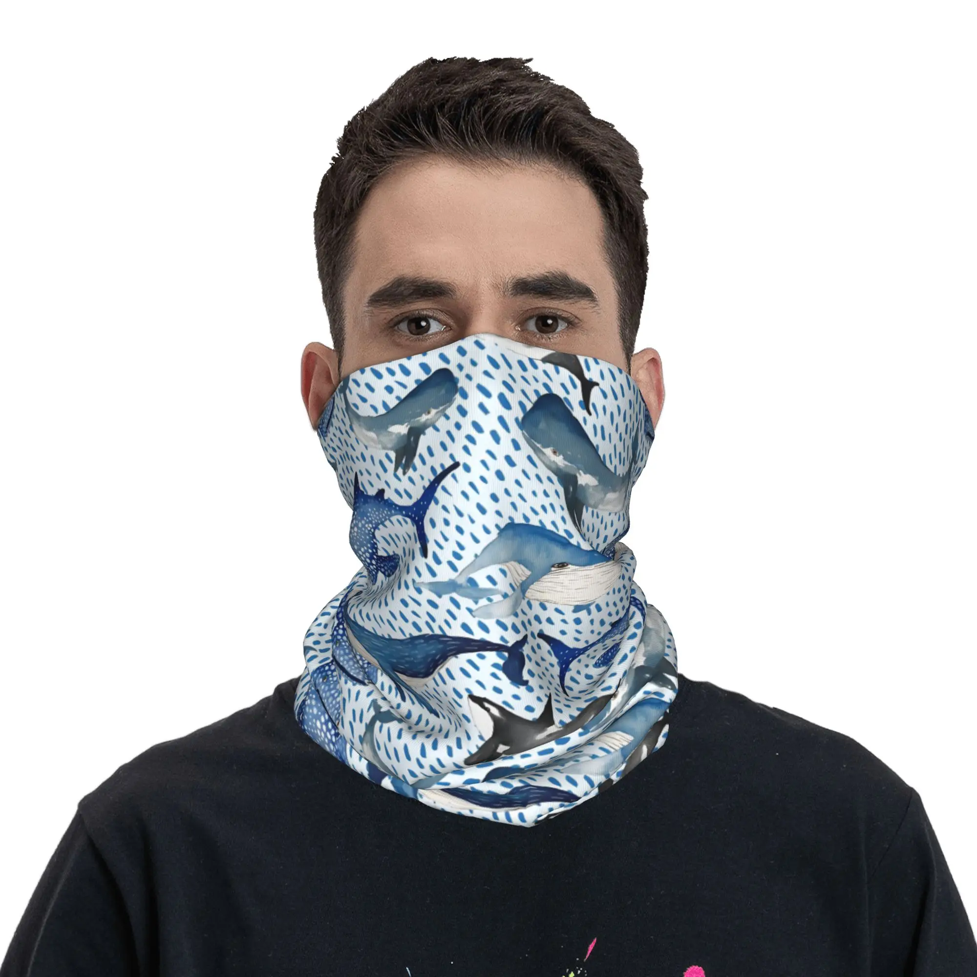 Custom Blue Watercolour Shark Winter Headband Neck Warmer Men Ski Camping Tube Scarf Monochrome Ocean Animal Face Bandana Gaiter view 4