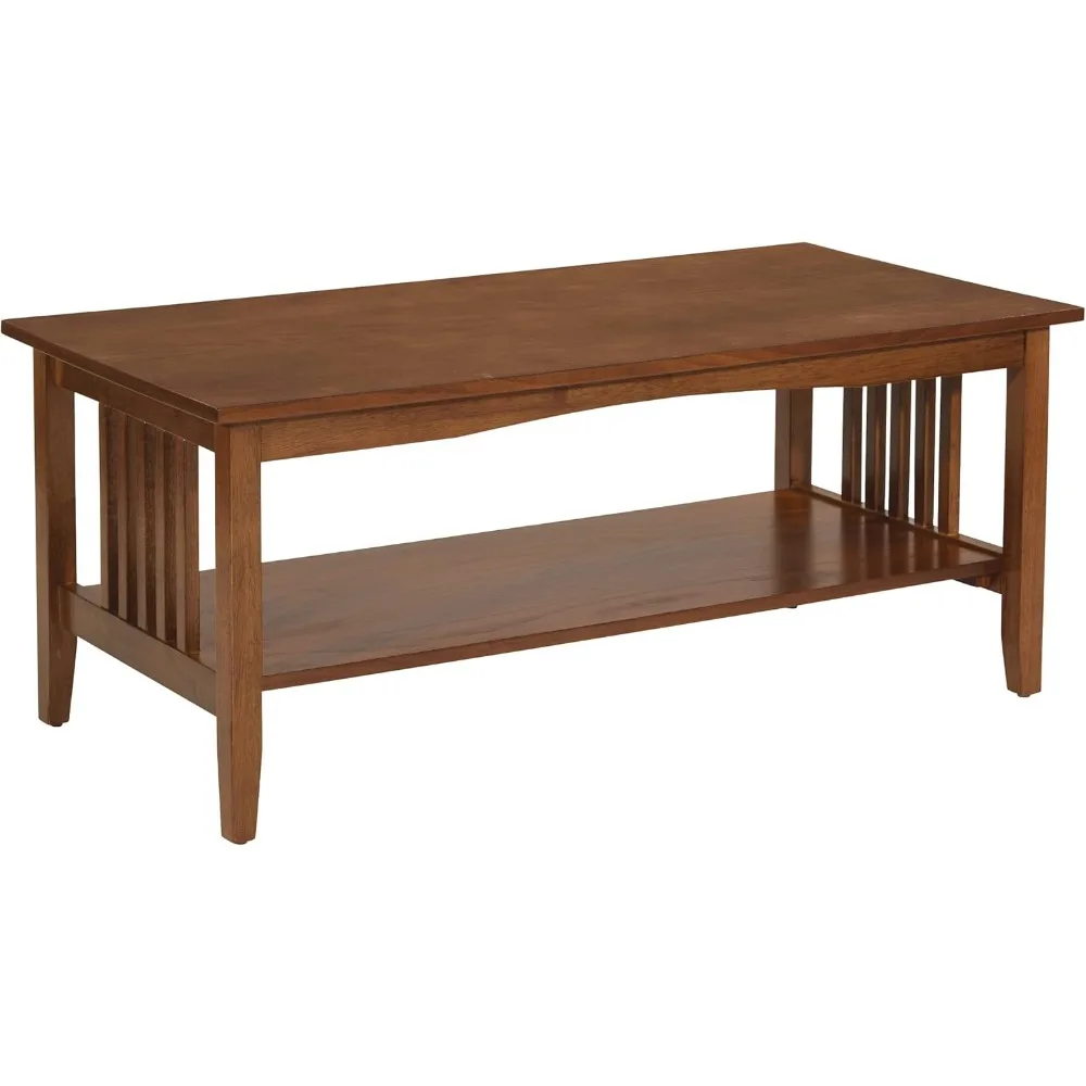 

Home Furnishings Sierra Coffee Table with Lower Storage Shelf and Mission Style Side Panels, Brown Ash