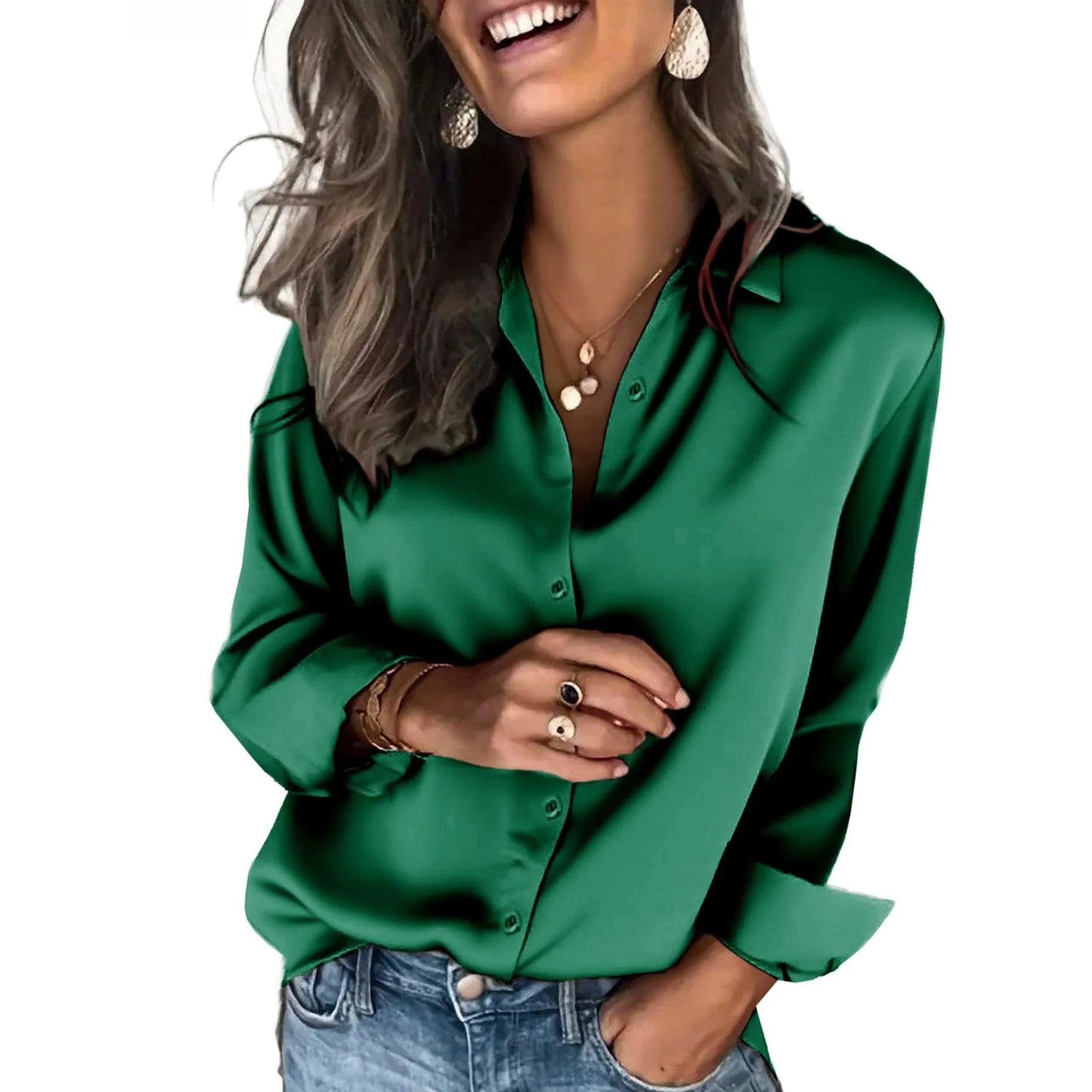 

Women's Silk Satin Shirt Long Sleeve Business Casual Loose Fit Basic Style Polyester Fabric Mid-Length Pure Color Shirt