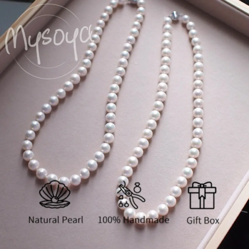 

MYSOYA 8-9mm Round Freshwater Pearl Necklace Multiple Sizes With Gift Box Perfect Gift For Wedding Birthday Christmas New Year