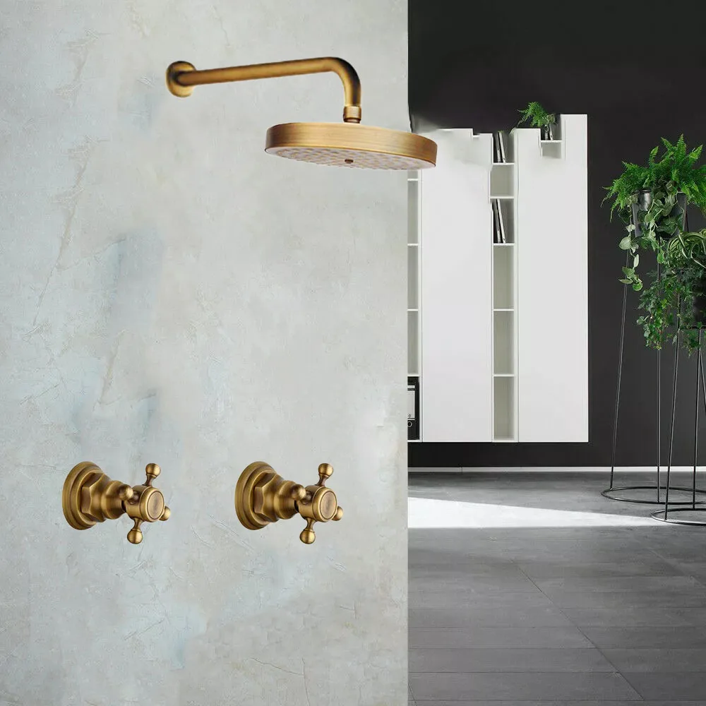 

Antique Brass Bathroom Rainfall Shower Faucet Set Dual Handles Wall Mounted Round Shower Head Mixer Tap