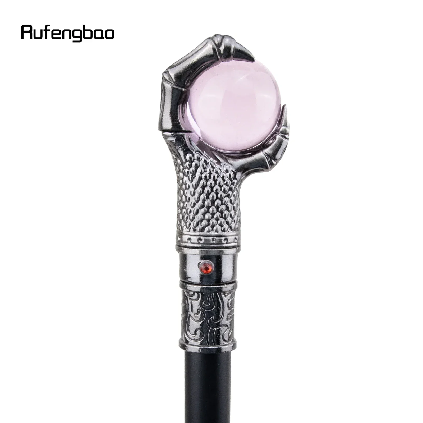 Silver Dragon Claw Grasp Pink Glass Ball Walking Cane Fashion Decorative Walking Stick  Performance stage Cane 93cm